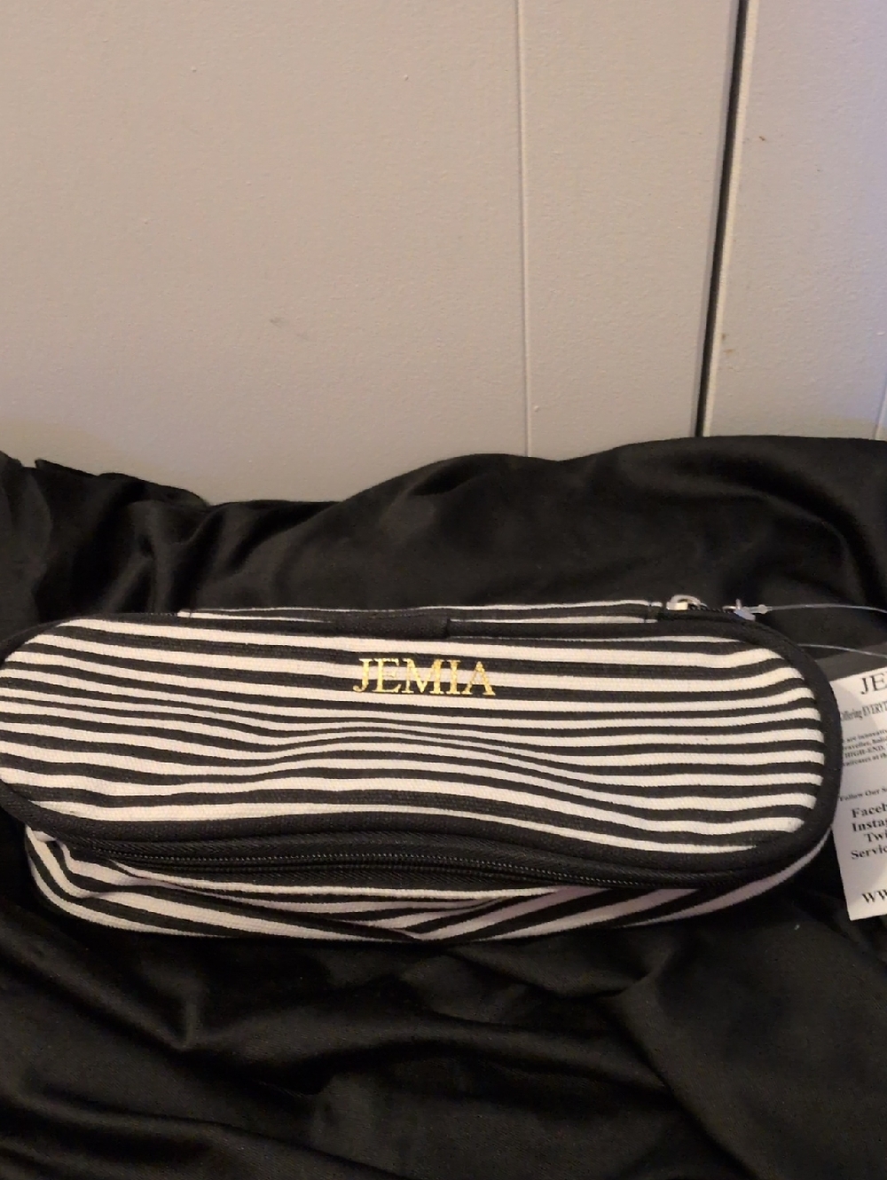 MIA Black and White Striped Cosmetic Bag with Gold Logo - Picture 1 of 7